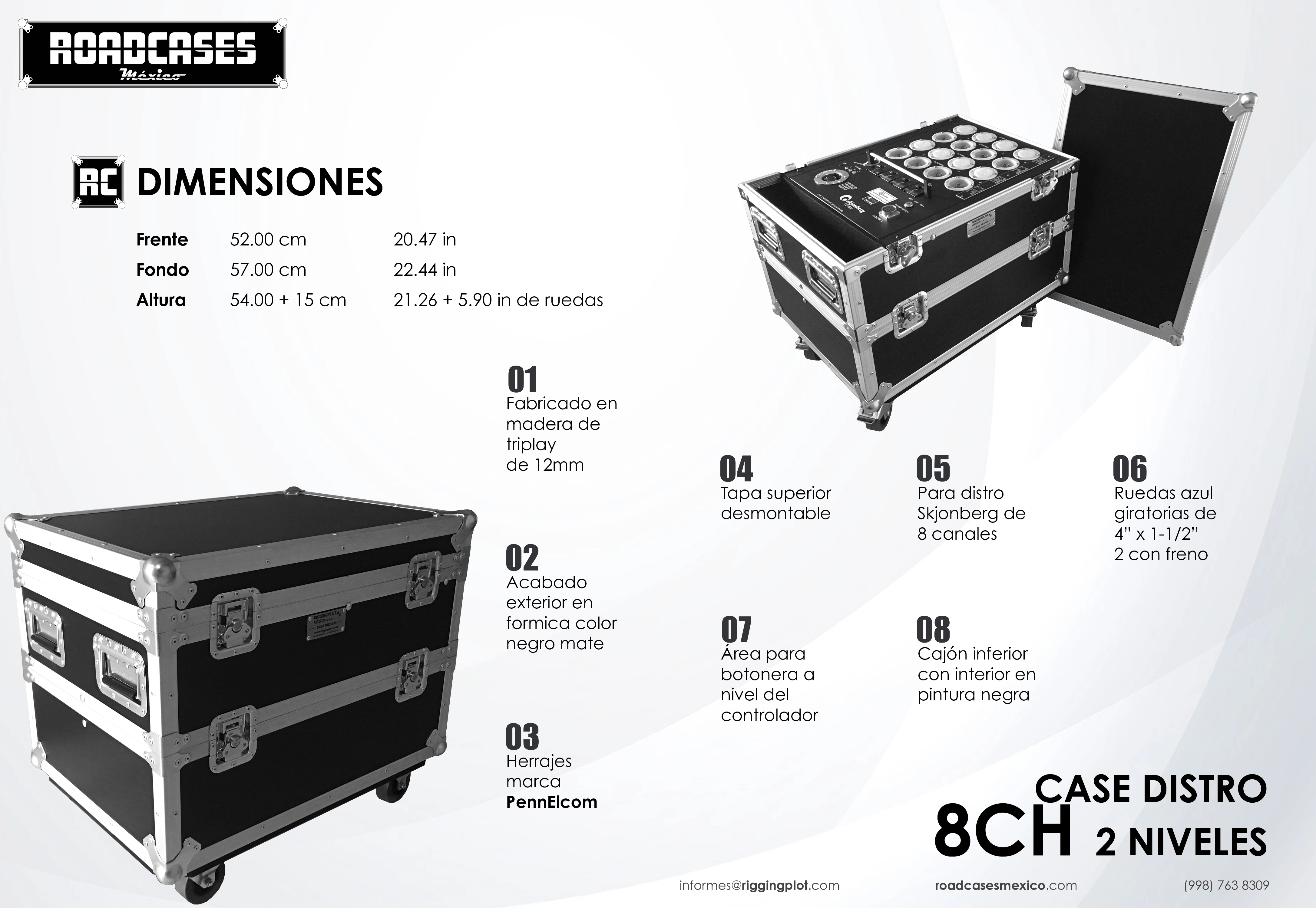 ficha case para distro o controlador de 8 canales Skjonberg de 2 niveles, para operar 8 motores CM Lodestar roadcasesmexico