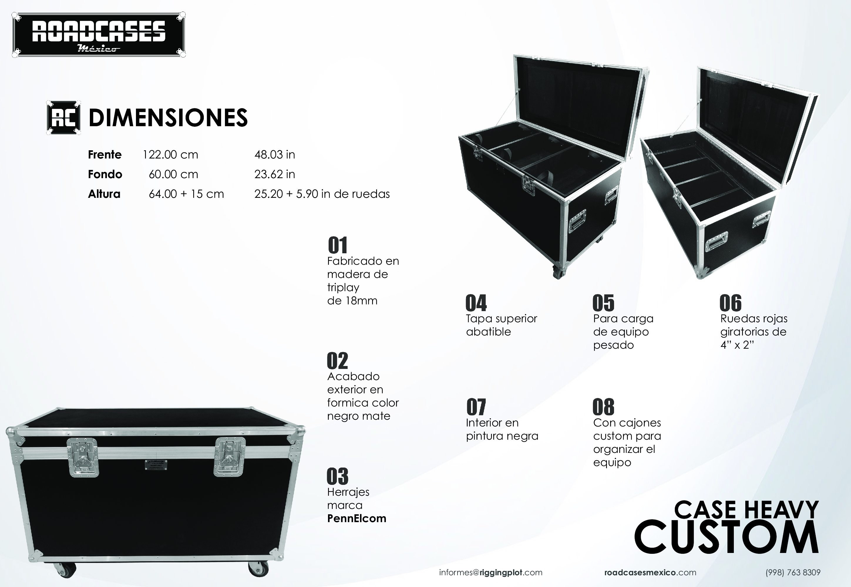 ficha case heavy custom para transporte de carga pesada, con cajones internos para organizar la carga pesada, abierto roadcasesmexico