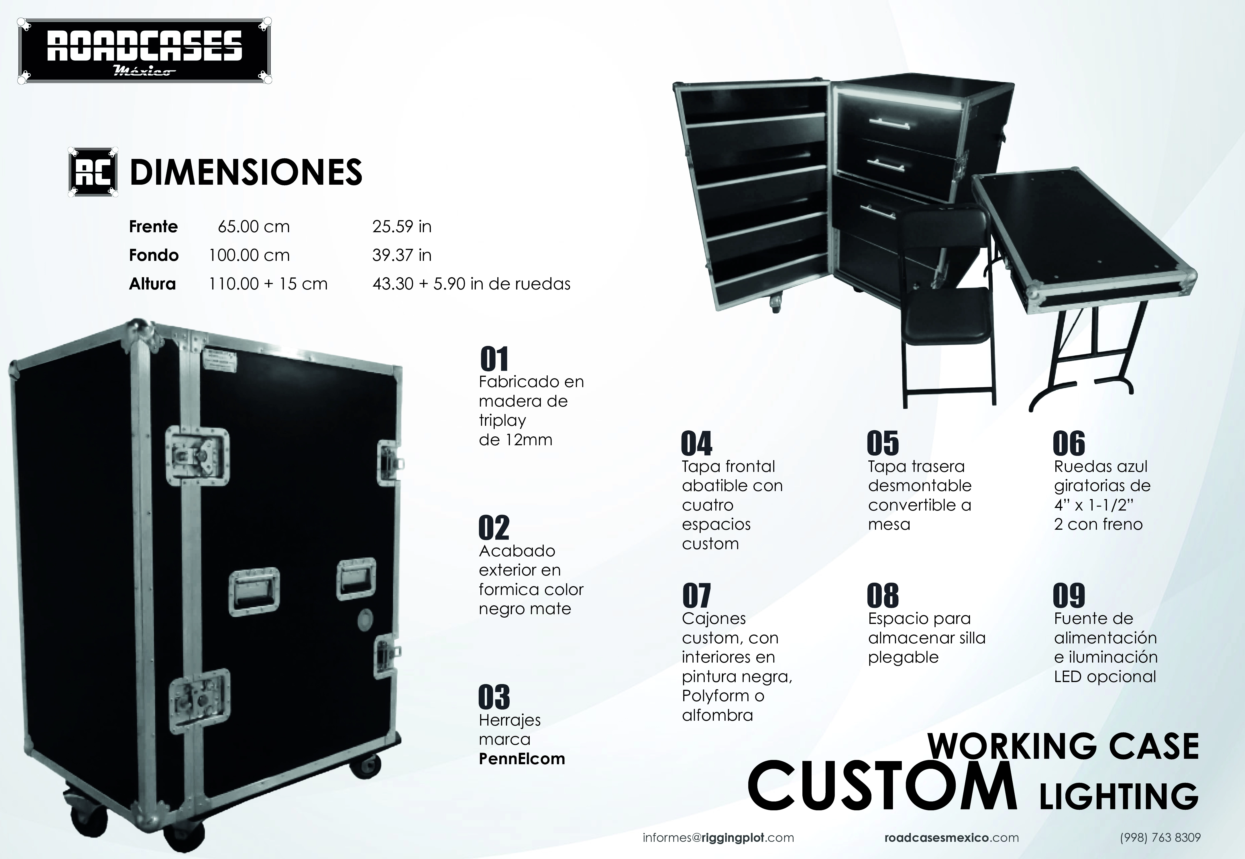 ficha Working Case Custom Lighting con 4 compartimentos internos, tapa superior abatible con 5 compartimentos en la puerta, tapa trasera desmontable con espacio para silla plegable, fabricado en triplay de 12 mm con ruedas de uso rudo roadcasesmexico
