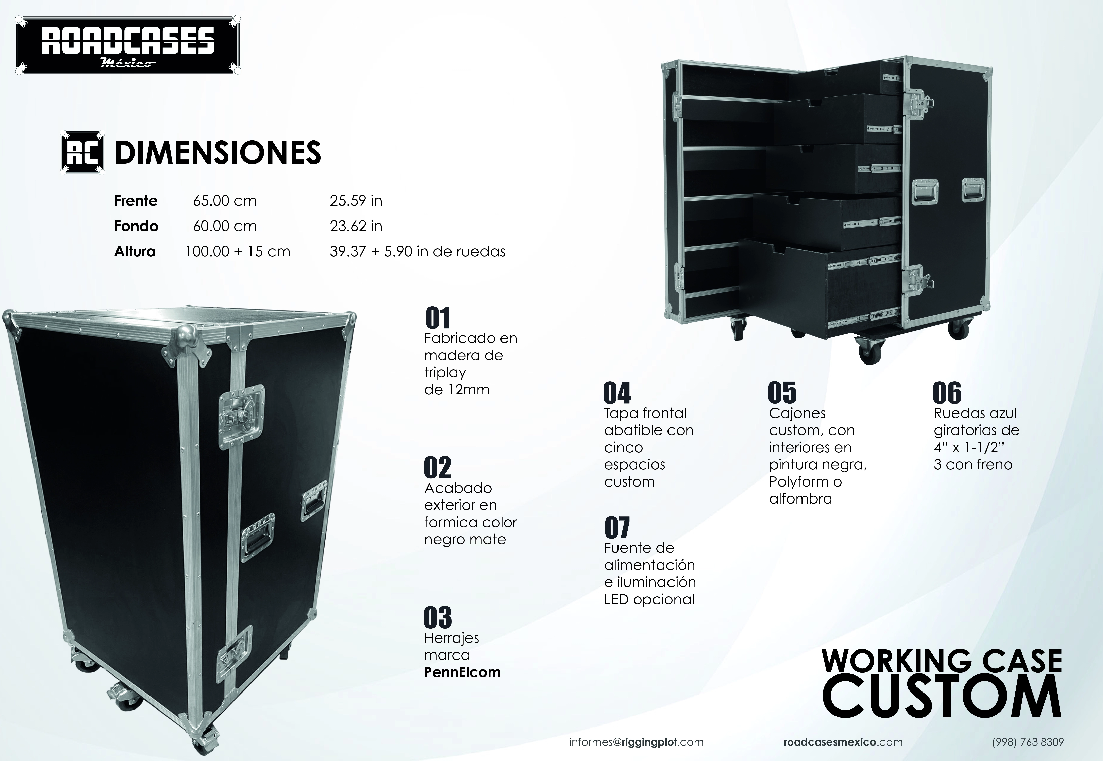 Ficha de Working Case Custom Lighting con 5 cajones, tapa frontal abatible con 5 compartimentos internos, fabricado en triplay de 12 mm con ruedas de uso rudo y opción de iluminación LED roadcasesmexico