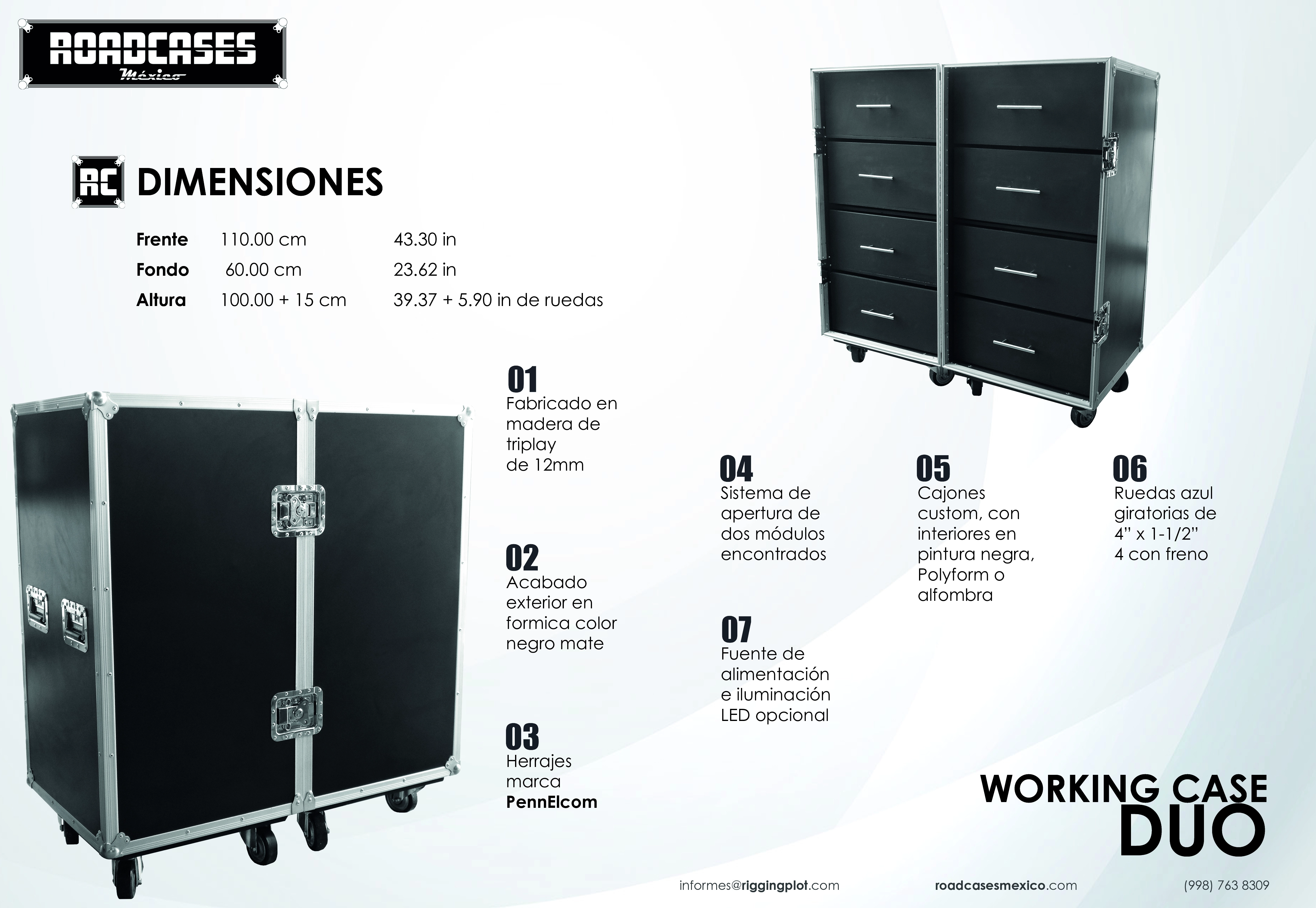 ficha Working Case Duo con 2 módulos unidos por bisagra, 8 cajones totales, fabricado en triplay de 12 mm con acabado negro mate, herrajes de uso rudo roadcasesmexico