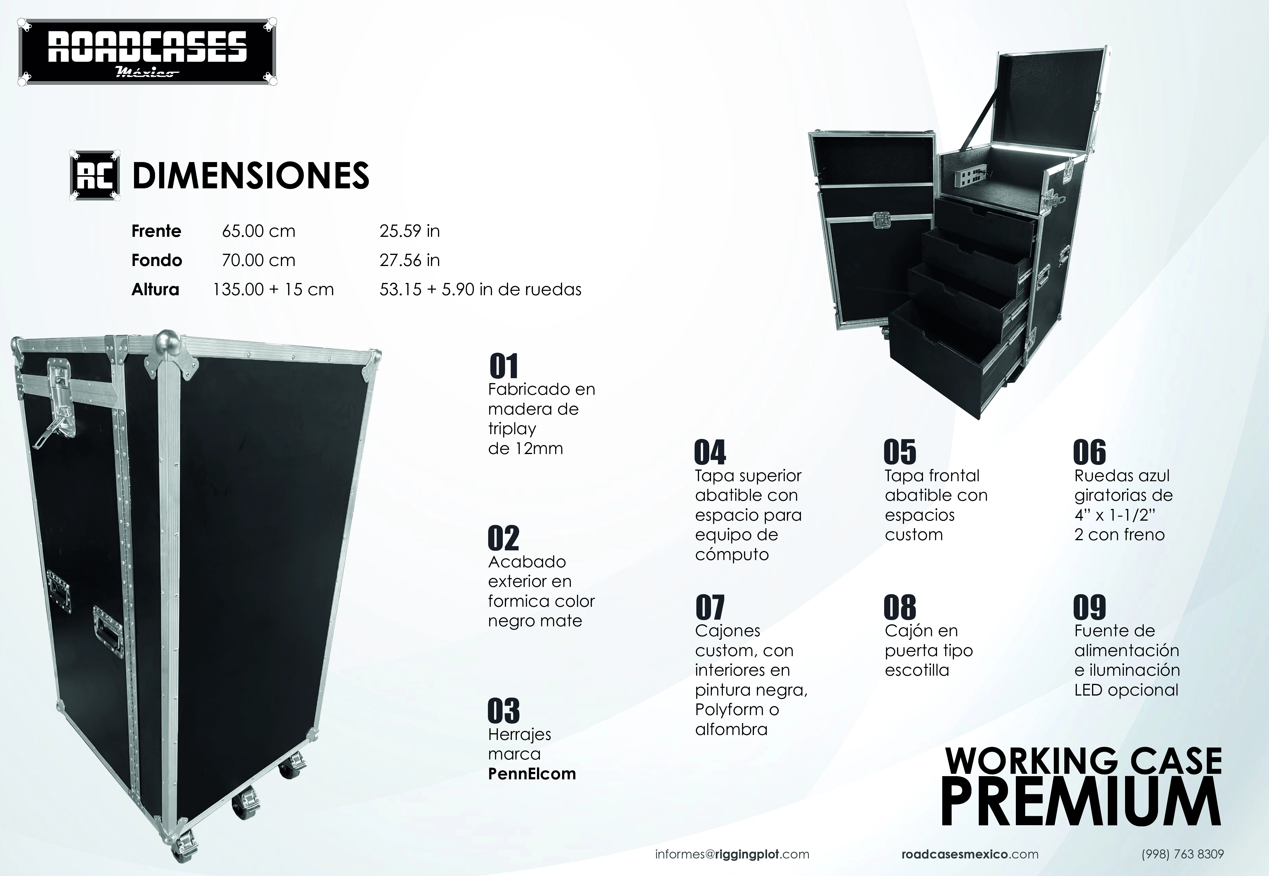 ficha Working Case Premium fabricado en triplay de 12 mm con cajones, tapa superior abatible, tapa abatible con espacio para accesorios y puerta interior tipo escotilla, ruedas de uso rudo, iluminación LED opcional y fuente de alimentación con supresor de picos