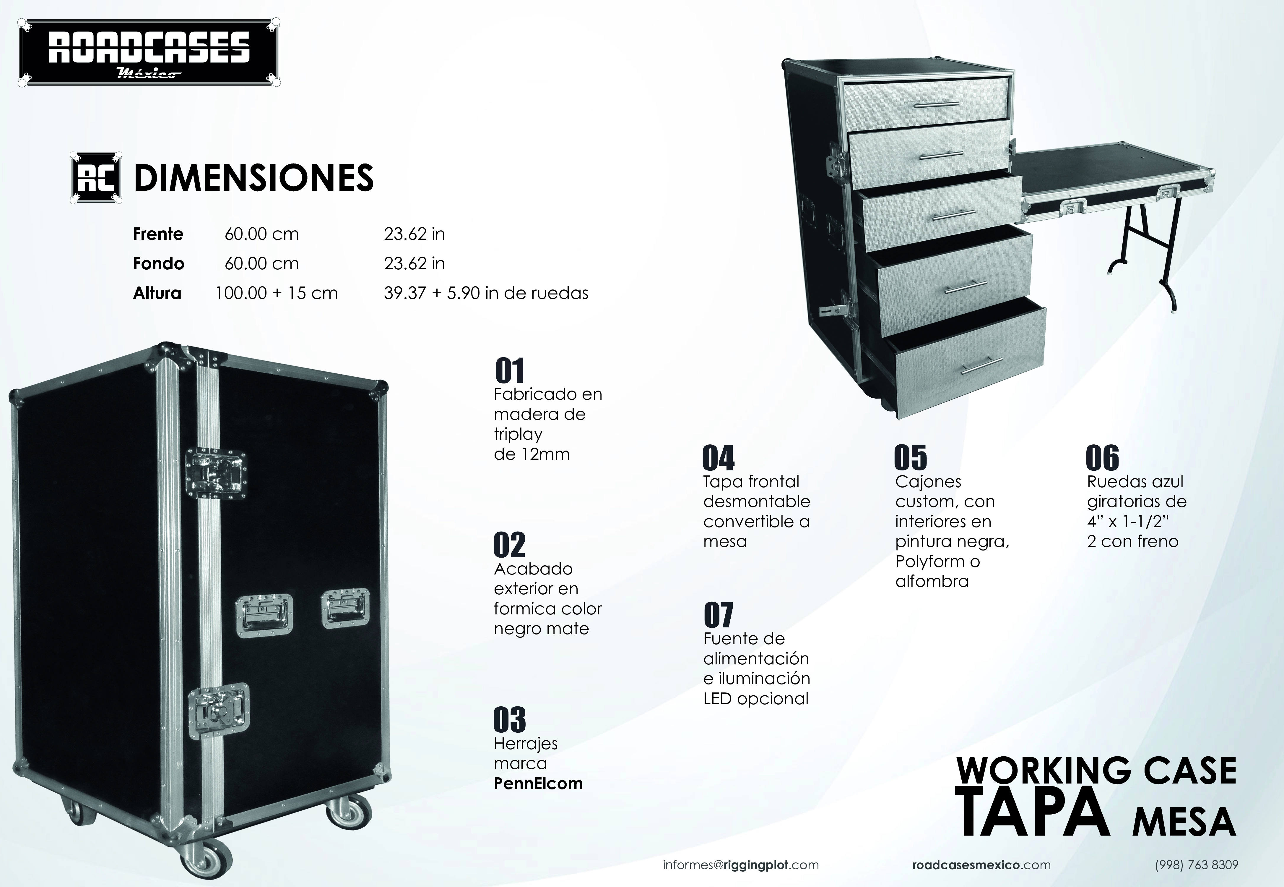ficha de Working Case 1 Módulo Tapa Frontal Mesa en Roadcases México. Case profesional con 5 cajones, tapa frontal que se convierte en mesa, ruedas de uso rudo y opción de iluminación LED roadcasesmexico