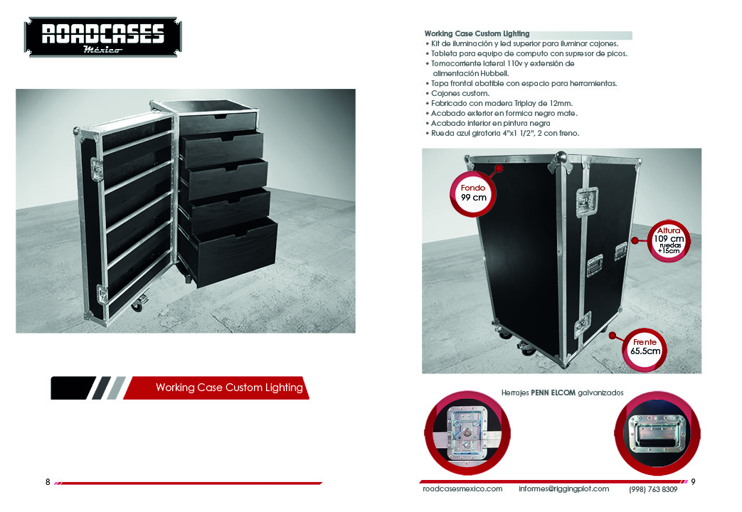 Ficha de Working Case Custom Lighting con 5 cajones, tapa frontal abatible con 5 compartimentos internos, fabricado en triplay de 12 mm con ruedas de uso rudo y opción de iluminación LED roadcasesmexico
