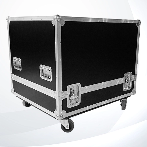 Case para subwoofer con interior de foami precortado a medida, fabricado en triplay de 12 mm con ruedas o resbalones para estabilidad, ideal para transporte seguro y resguardo del equipo cerrado