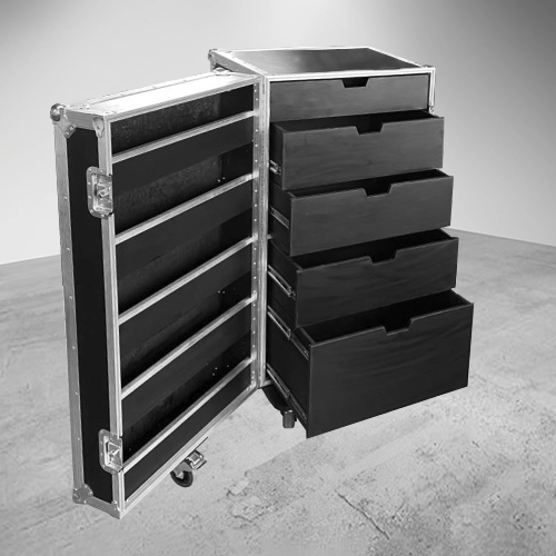 Working Case Custom Lighting con 5 cajones, tapa frontal abatible con 5 compartimentos internos, fabricado en triplay de 12 mm con ruedas de uso rudo y opción de iluminación LED abierto