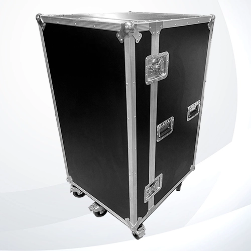 Working Case Custom con 4 compartimentos internos, tapa superior abatible con 5 compartimentos en la puerta, tapa trasera desmontable con espacio para silla plegable, fabricado en triplay de 12 mm con ruedas de uso rudo cerrado