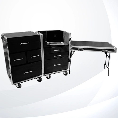 Working Case Duo Deluxe con 2 módulos abatibles, 7 cajones, tapa superior desmontable que se convierte en mesa, área superior para impresora o computadora, fabricado en triplay de 12 mm con iluminación LED y entrada de corriente con supresor de picos abierto