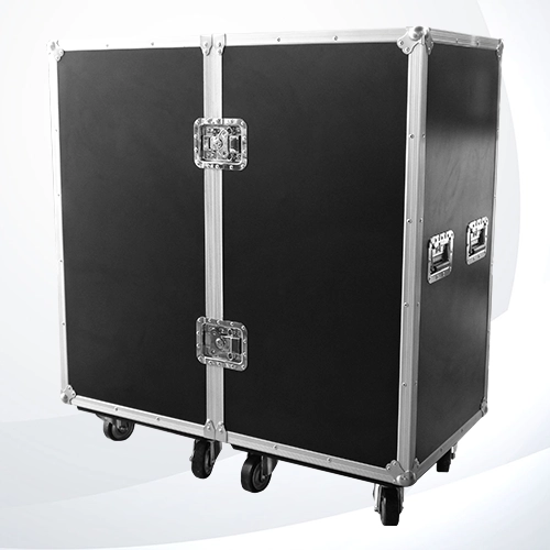 Working Case Duo con 2 módulos unidos por bisagra, 8 cajones totales, fabricado en triplay de 12 mm con acabado negro mate, herrajes de uso rudo cerrado